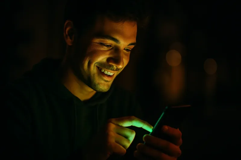 Young man smiling while tapping phone with green and gold screen light