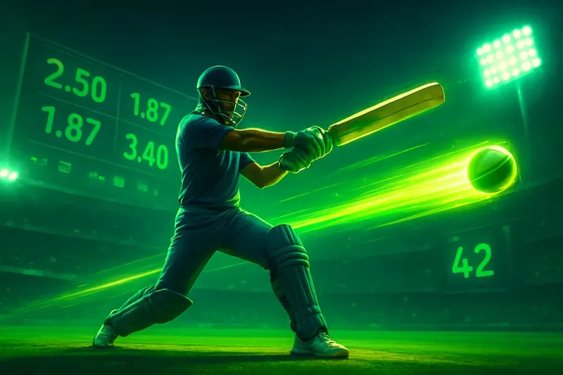 Cricket batsman swings powerfully as neon-trail ball flies past digital odds
