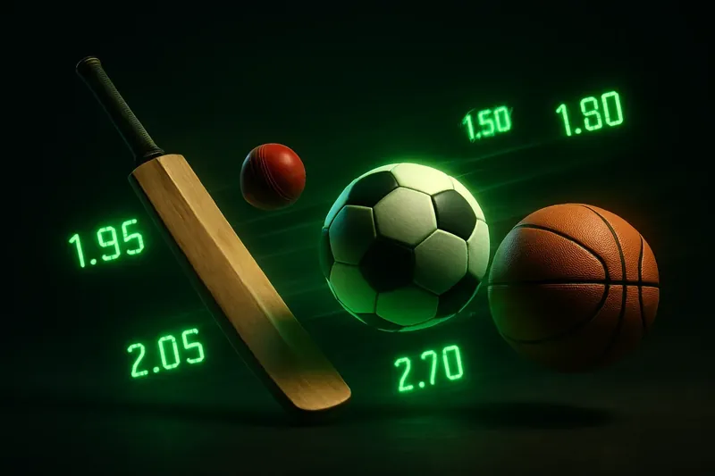 Dynamic sports montage with cricket, football, basketball and glowing odds