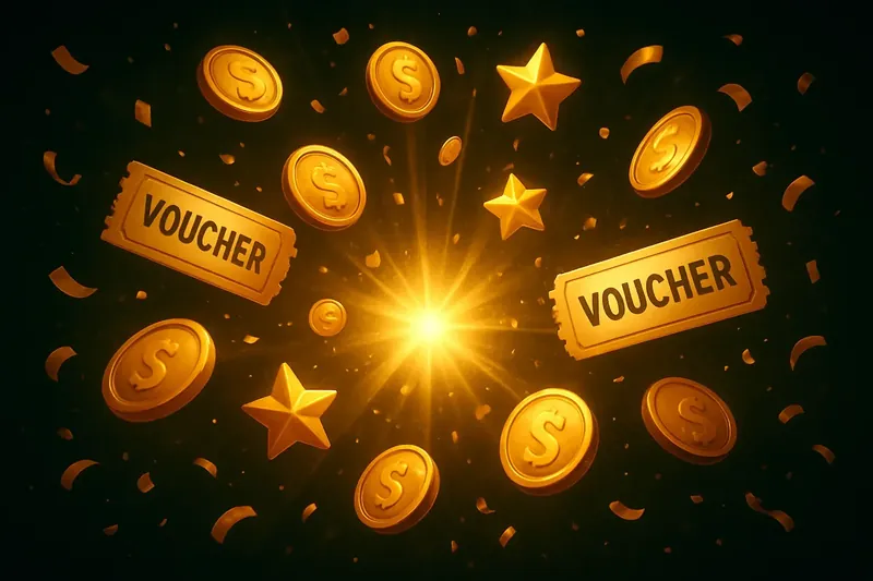 Golden coins, voucher tickets, and stars exploding from bright flash