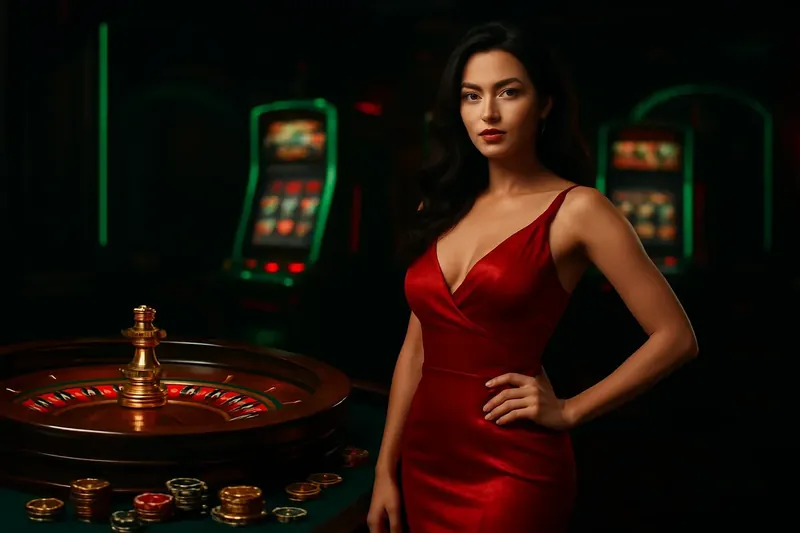 Bangladesh casino homepage banner with woman in red dress, roulette, slots