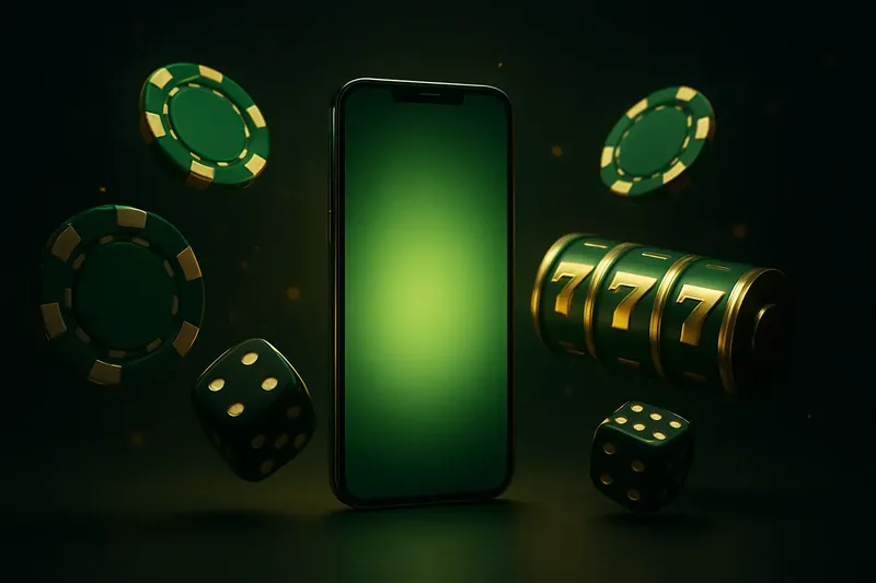 Glowing smartphone with floating casino chips, slot reels, and dice