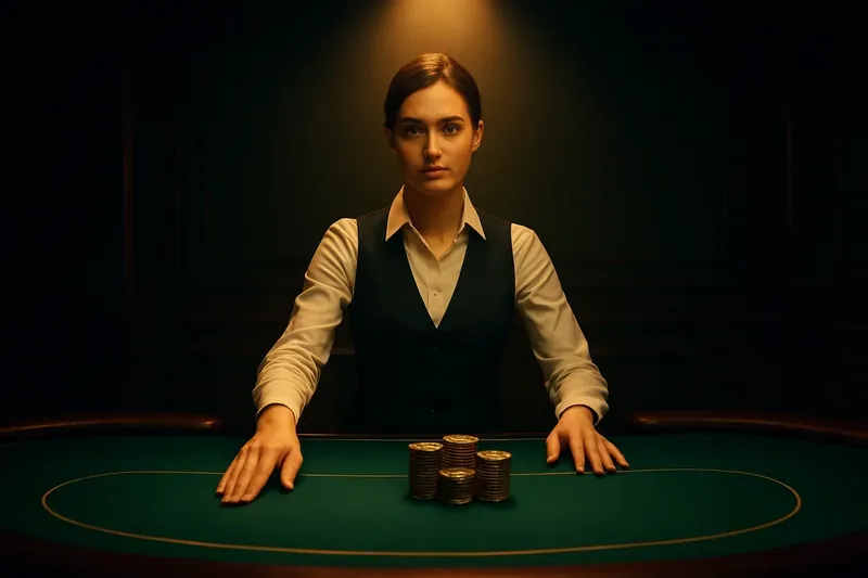 Professional female dealer at green felt table with golden chips