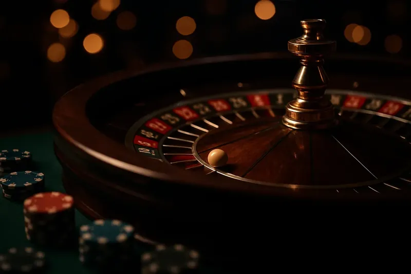 Close-up roulette wheel spinning with golden ball, chips and bokeh lights