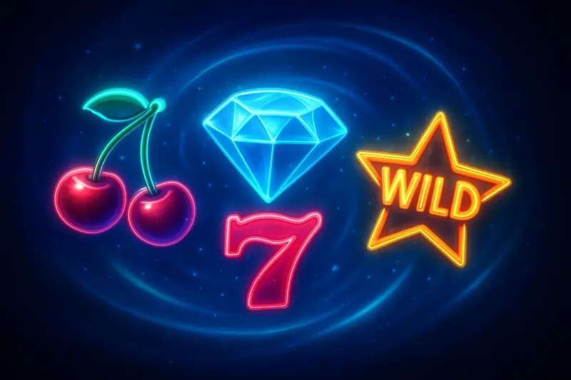 Colorful slot symbols in a magical neon swirl on dark background